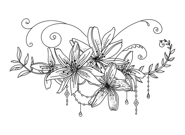 Floral Botanische Handgezeichnete Linie Kunst Dekorative Lilienblüten Und Blätter Komposition — Stockvektor