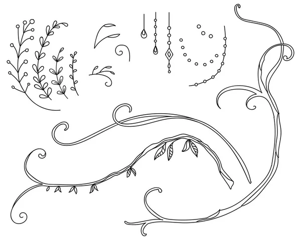 手描きの線画茎や植物と花の植物セット 結婚式の招待状 ビーガンカフェ フラワーショップのロゴ デザイン タトゥーのためのベクトルモノクロの花テンプレートイラスト — ストックベクタ