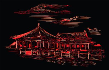 Forbidden city in Beijing, landmark of China. Hand drawn vector sketch illustration in monochrome colors isolated on red background. China travel Concept. Stock illustration clipart