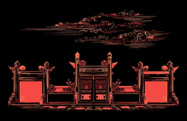 Lingxing Gates in front of the Temple of Heaven in Beijing, landmark of China. Hand drawn vector sketch illustration in monochrome colors isolated on black background. China travel Concept. — Stock Illustration Lingxing Gates Front Temple Heaven Beijing Landmark China Hand Drawn Stock Illustration