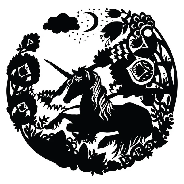 Unicorno Modello Vettoriale Con Alberi Fiori Composizione Circolare Illustrazione Sagoma — Vettoriale Stock