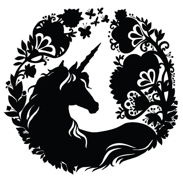Unicornio Vectorial Con Flores Mágicas Composición Circular Plantilla Silueta Negra — Vector de stock