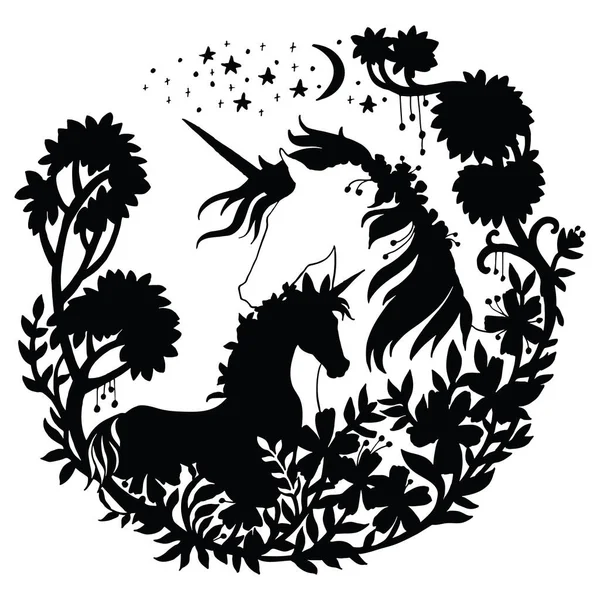 Vector Hermoso Unicornio Potro Con Árboles Estrellas Composición Circular Ilustración — Vector de stock