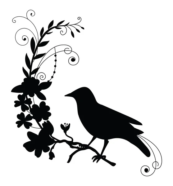 Plantilla Vectorial Aves Flores Decorativas Ilustración Silueta Negra Aislada Blanco — Archivo Imágenes Vectoriales