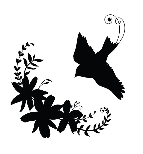 Plantilla Vectorial Aves Voladoras Flores Ilustración Silueta Negra Aislada Blanco — Archivo Imágenes Vectoriales