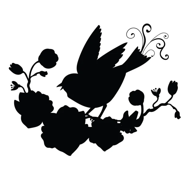 Modèle Vectoriel Oiseau Chanteur Fleurs Illustration Silhouette Noire Isolée Sur — Image vectorielle