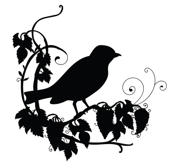 Şirin Bir Kuş Çiçek Deseni Siyah Siluet Çizimi Beyaza Izole — Stok Vektör