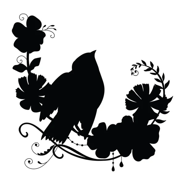 Vector Template Funny Bird Flowers Black Silhouette Illustration Isolated White — Stock Vector