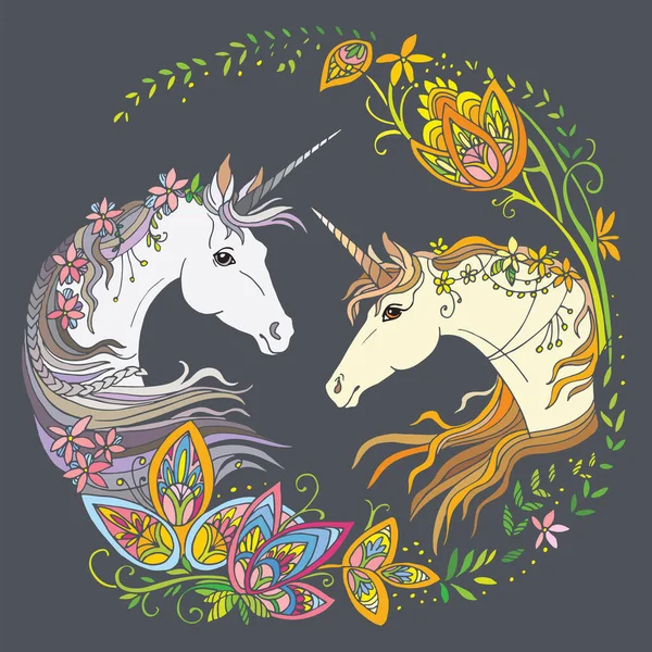 Vector Hermosos Unicornios Con Flores Composición Circular Ilustración Ornamental Colorida — Vector de stock