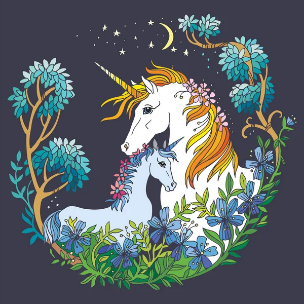 Vector Schöne Einhorn Und Fohlen Mit Blumen Kreis Komposition Bunte — Stockvektor