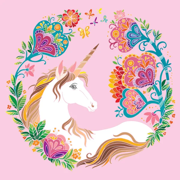 Vektor Kecantikan Unicorn Dengan Bunga Dalam Komposisi Lingkaran Ilustrasi Ornamental - Stok Vektor