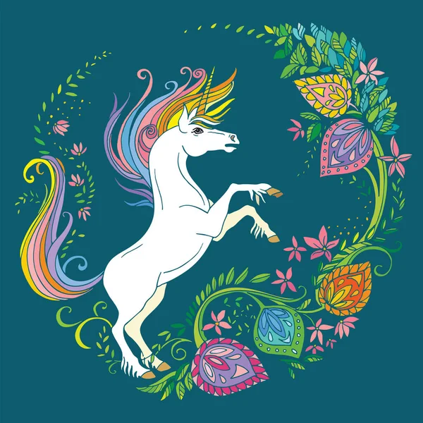 Vettore Bellissimo Unicorno Piedi Con Fiori Composizione Circolare Illustrazione Ornamentale — Vettoriale Stock