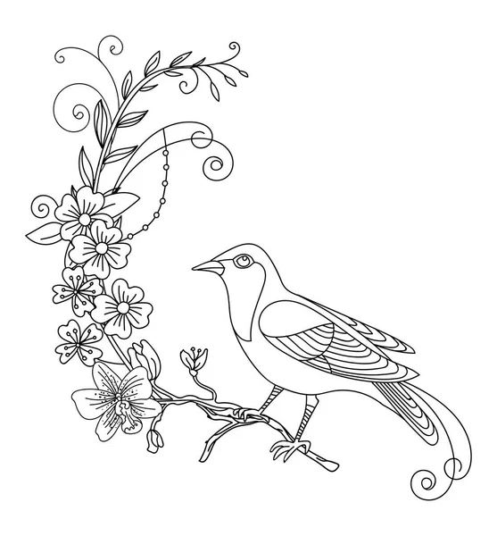 Vektor Linje Konst Fågel Och Abstrakta Blommor Svart Kontur Illustration — Stock vektor