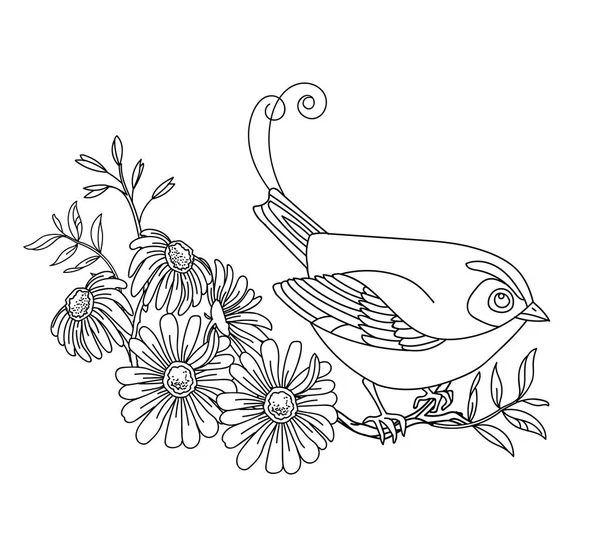 Schwarze Kontur Illustration Vogel Und Blumen Vektorlinien Illustration Isoliert Auf — Stockvektor