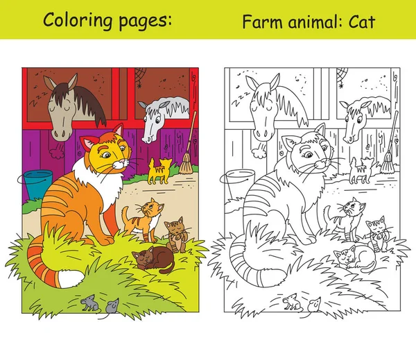 Coloriages Illustrations Colorées Avec Chat Mignon Petits Chatons Ferme Illustration — Image vectorielle