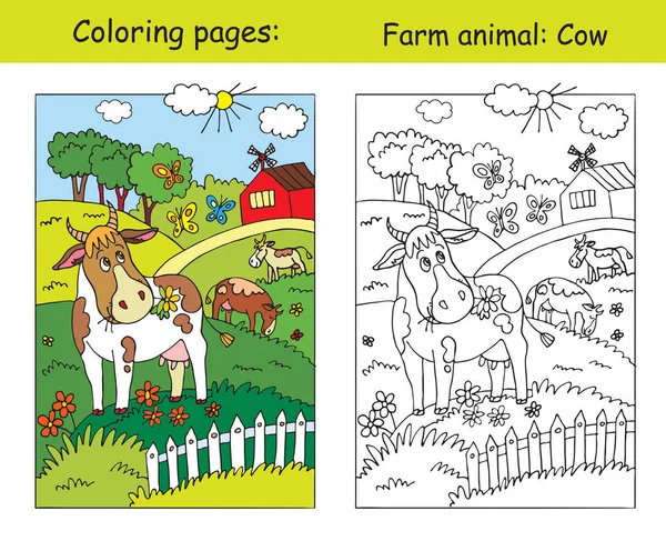 Kolorowanki Uroczym Krowy Gracing Łące Gospodarstwa Ilustracja Wektora Kreskówki Kolorowanki — Wektor stockowy
