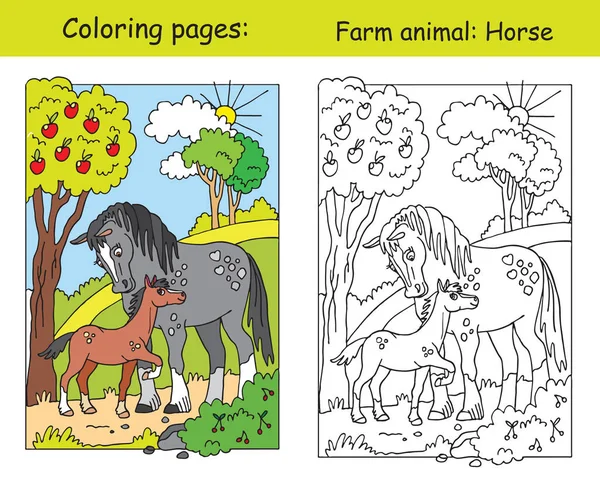 用可爱的马和她的小马驹在苹果园上色 卡通矢量图解 马的颜色和彩色图像 学前教育 印刷和游戏的图解 — 图库矢量图片
