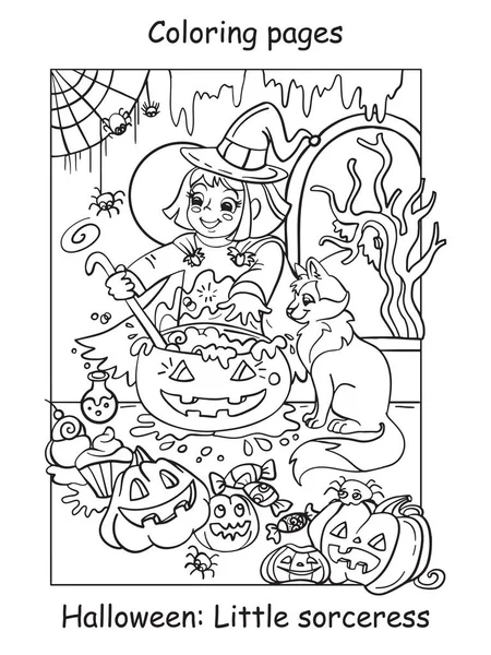 Vector Coloring Pages Little Witch Cooks Pot Potion Halloween Concept — Stock Vector