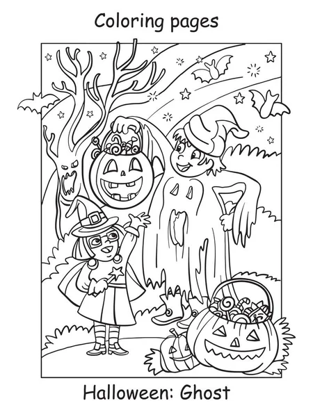 Coloriages Vectoriels Enfants Costumes Fantôme Sorcière Concept Halloween Illustration Contour — Image vectorielle