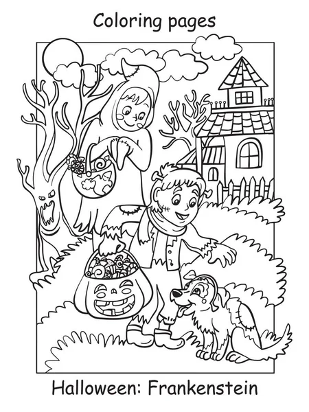 Coloriages Vectoriels Enfants Costumes Fantôme Frankenstein Tapotait Chien Concept Halloween — Image vectorielle