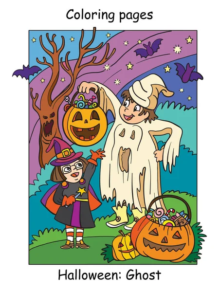 Colorido Halloween linda bruja y fantasma — Vector de stock