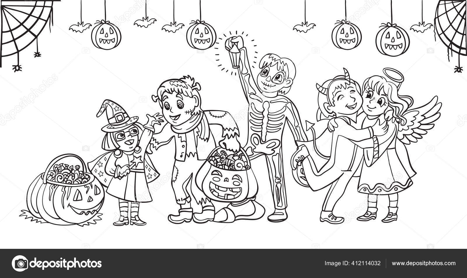 Página para colorir de halloween com objetos assustadores, fofos desenhados  à mão