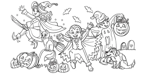 Карикатура Хэллоуин Векторная Раскраска Страниц Счастливых Детей Костюмах Ведьм Вампиров — стоковый вектор