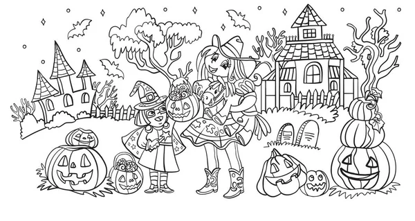 Dibujos Animados Halloween Ilustración Horizontal Vector Para Colorear Páginas Dos — Vector de stock