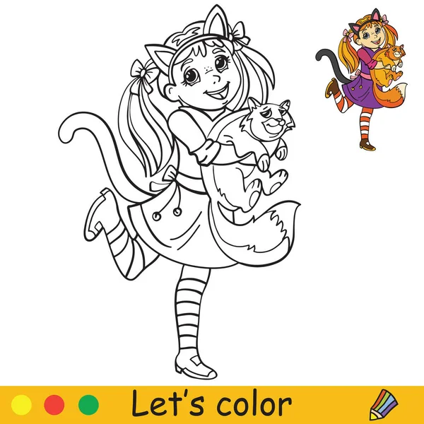 Linda Niña Traje Dama Gato Abrazar Gato Dibujos Animados Ilustración — Vector de stock