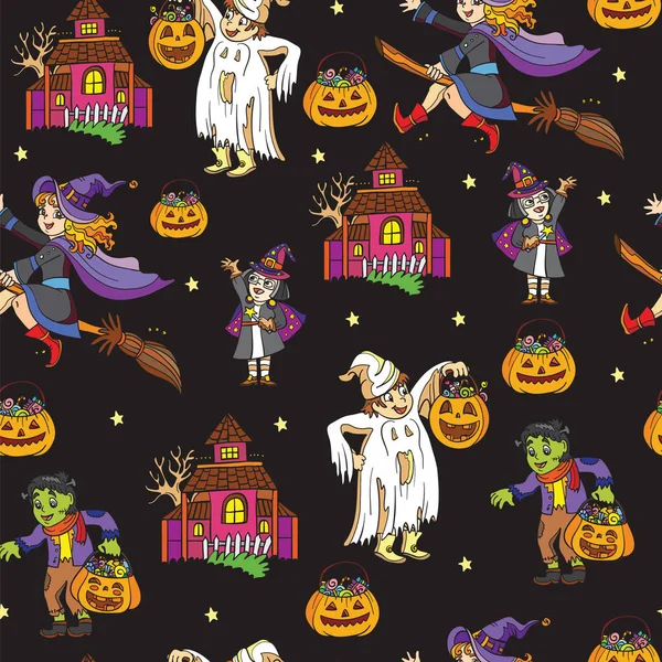 Seamless Pattern Cartoon Halloween Characters Ghost Witch Black Background Vector — Stock Vector