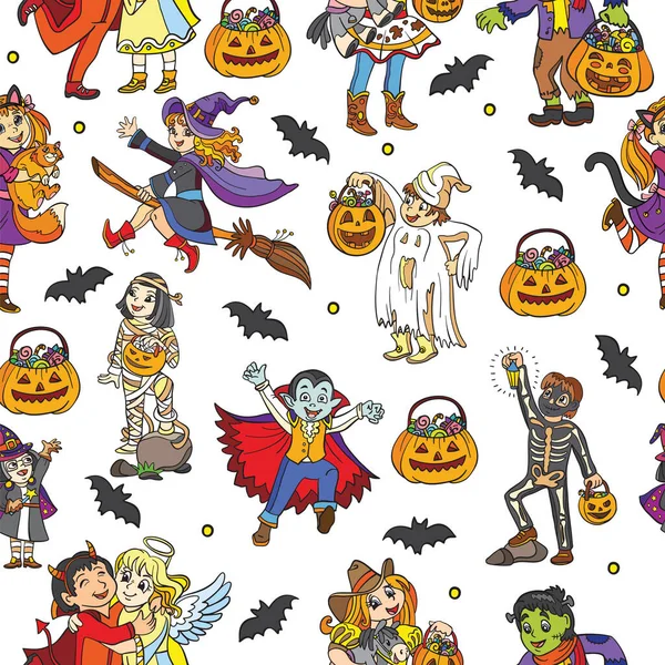 Patrón Sin Costuras Con Personajes Dibujos Animados Halloween Fantasma Bruja — Vector de stock