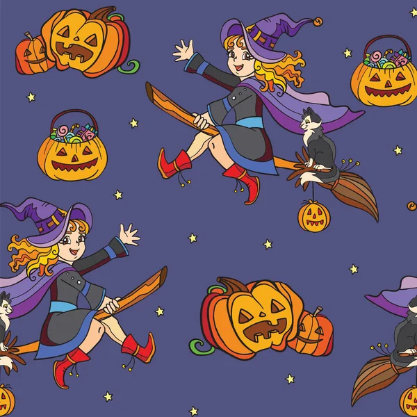 Patrón Sin Costuras Con Dibujos Animados Bruja Linda Halloween Escoba — Vector de stock