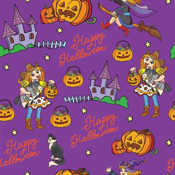 Patrón Sin Costuras Con Tema Dibujos Animados Halloween Chica Traje — Vector de stock