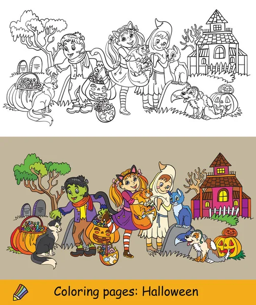 漫画ハロウィンイラスト 猫とモンスターの衣装でベクトルの着色と色の例幸せな子供 子供のためのぬり絵 就学前の教育 ゲーム — ストックベクタ