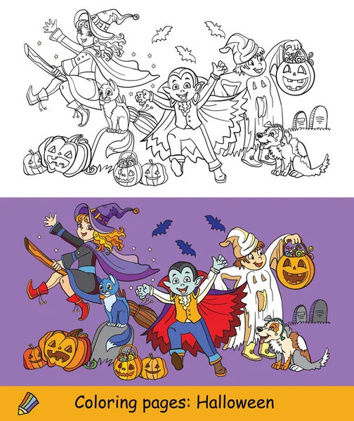 Карикатура Хэллоуин Векторная Раскраска Цветной Пример Хэллоуин Персонажи Ведьма Вампир — стоковый вектор