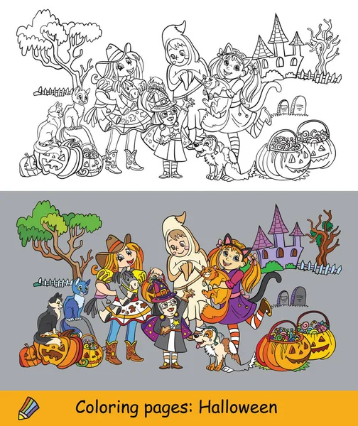 Karikatur Halloween Vektorausmalbilder Und Farbige Beispielkinder Kostümen Von Geistern Cowgirls — Stockvektor