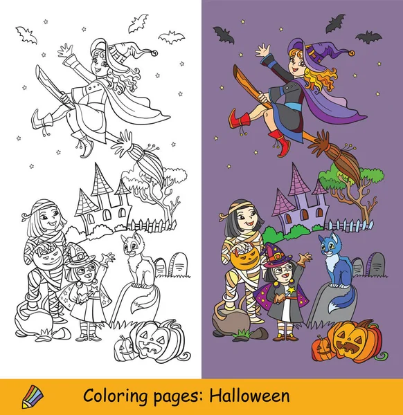 Illustration Dessin Animé Halloween Coloriages Vectoriels Exemples Colorés Enfants Heureux — Image vectorielle