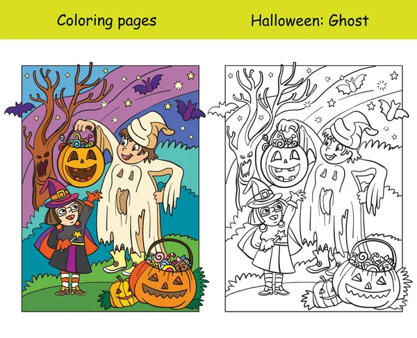 Vector Kleurplaten Met Gekleurde Voorbeeld Kinderen Kostuums Van Geest Heks — Stockvector