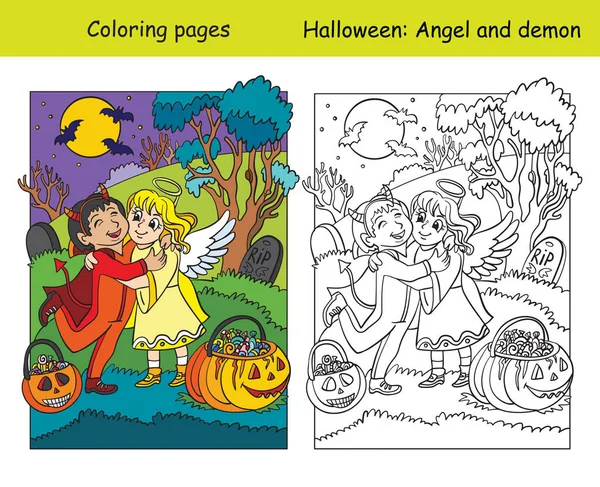 Pages Colorier Vectorielles Avec Exemple Coloré Enfants Costumes Ange Étreinte — Image vectorielle