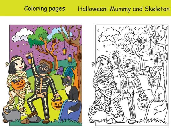 Pages Colorier Vectorielles Avec Exemple Coloré Enfants Heureux Costumes Squelette — Image vectorielle