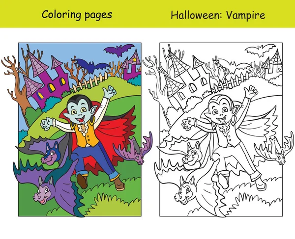 Pages Colorier Vectorielles Avec Exemple Coloré Enfant Costume Vampire Chauves — Image vectorielle