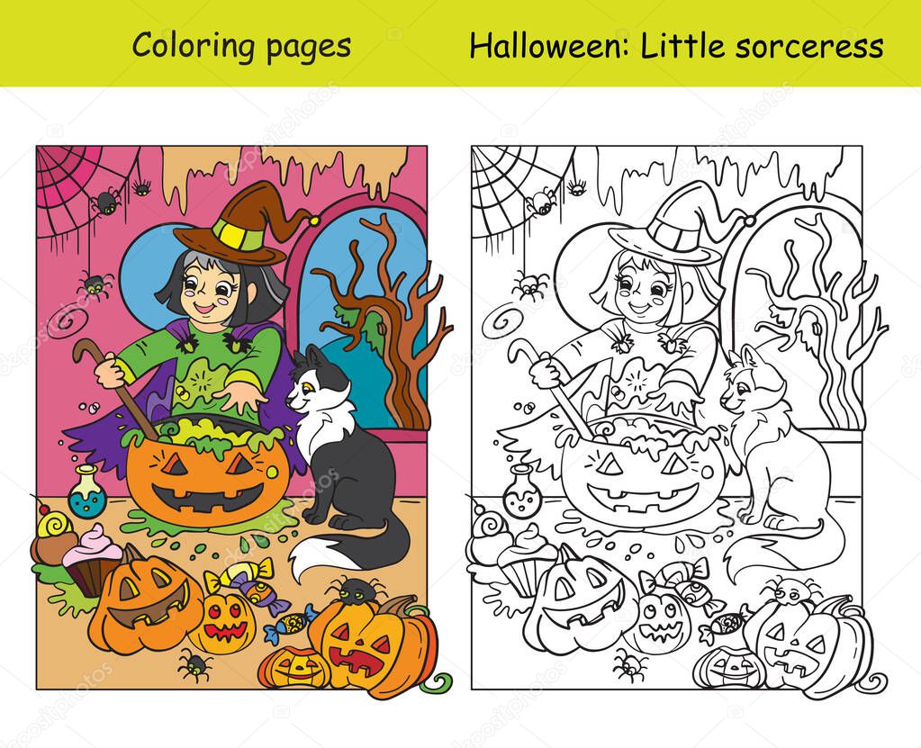 Vector coloring pages with colored example little witch cooks a pot of potion. Cartoon Halloween illustration. Coloring book for children, preschool education, print and game.