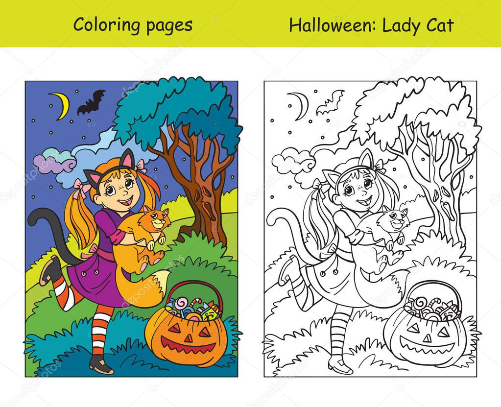Vector coloring pages with colored example girl in a cat costume holds a cat. Cartoon illustration Halloween concept. Coloring book for children, preschool education, print and game.