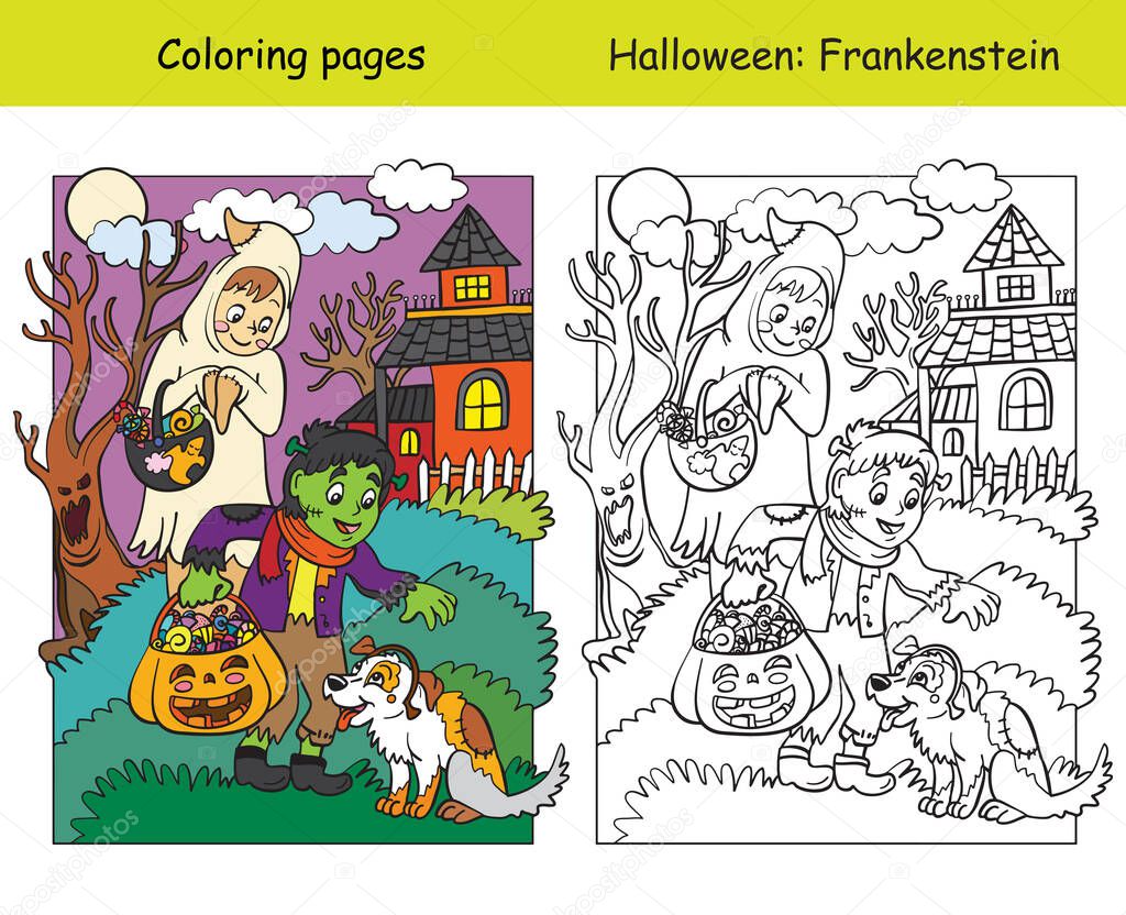 Vector coloring pages and colored example children in costumes of ghost and frankenstein patted the dog. Cartoon Halloween illustration.Coloring book for children, preschool education, print and game.
