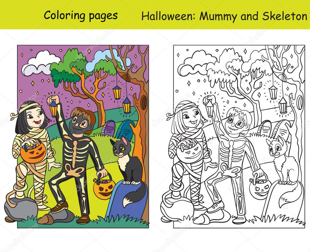 Vector coloring pages with colored example happy children in costumes of skeleton and mummy. Cartoon Halloween illustration. Coloring book for children, preschool education, print and game.