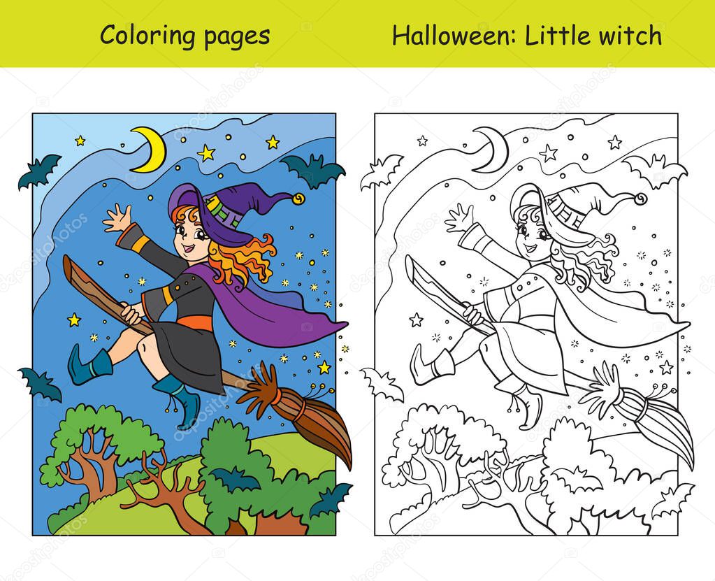 Vector coloring pages with colored example little witch flying on broom. Cartoon Halloween illustration. Coloring book for children, preschool education, print and game.