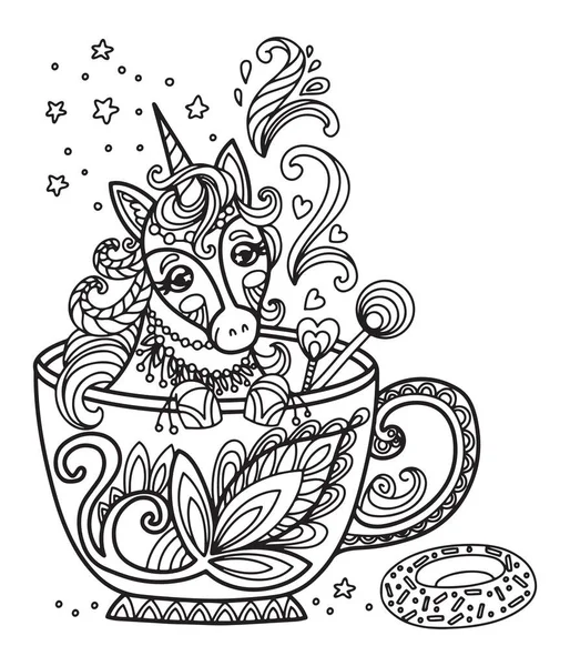 유니콘귀엽게 원숭이 스트레스 페이지를 동물과 Tangle 스타일로 만들었다 페이지 디자인 — 스톡 벡터