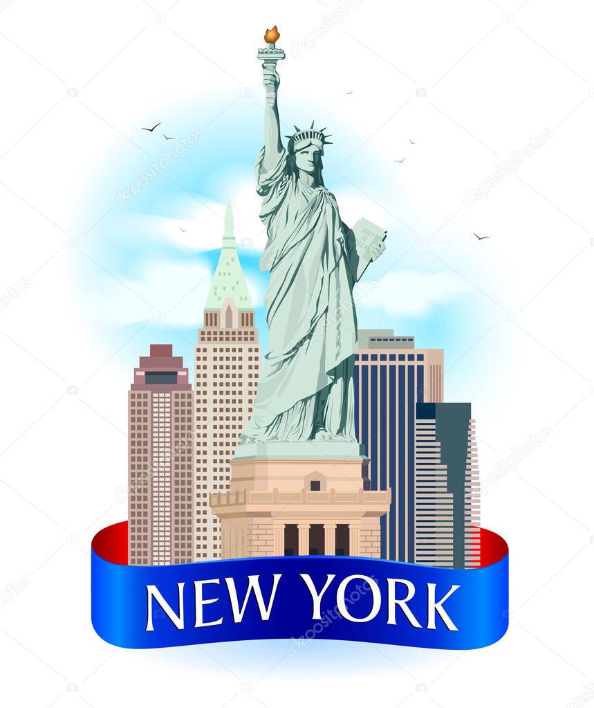 Statue of Liberty in New York, city photorealistic emblem template.