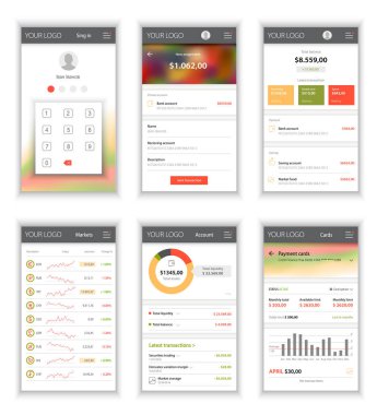 Mobil uygulama için Kullanıcı arabirimi düzen şablonu. Finansal veri, diagramas, istatistik ve EKT.