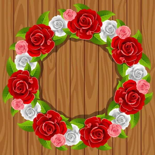 Wreath Red Roses Wood Texture Greeting Card Template — Stock Vector